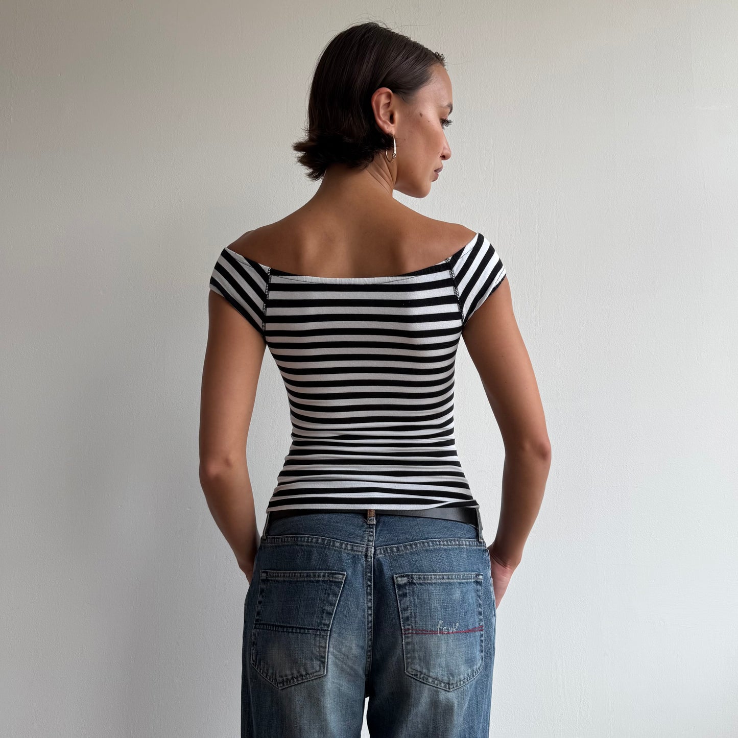 Black + white stripe button top - Size XXS/XS