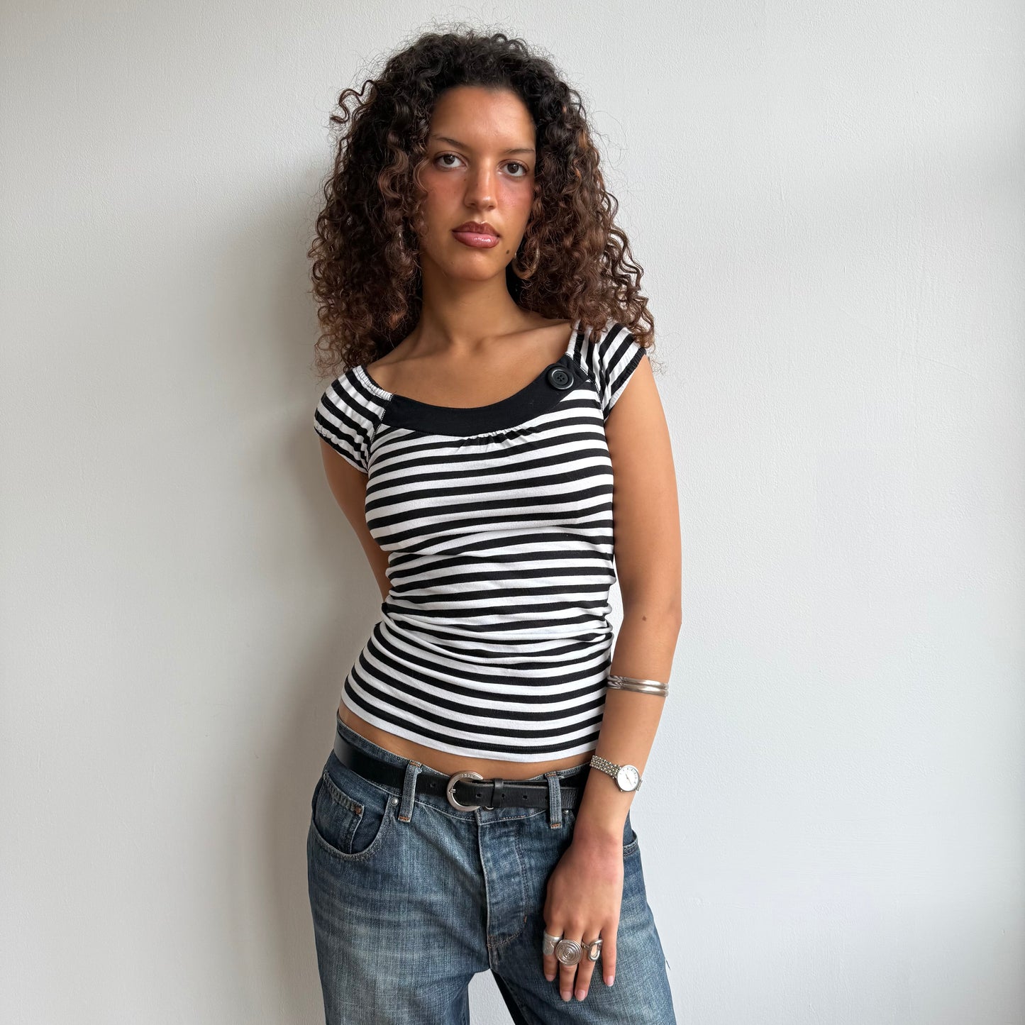 Black + white stripe button top - Size S , S/M + M