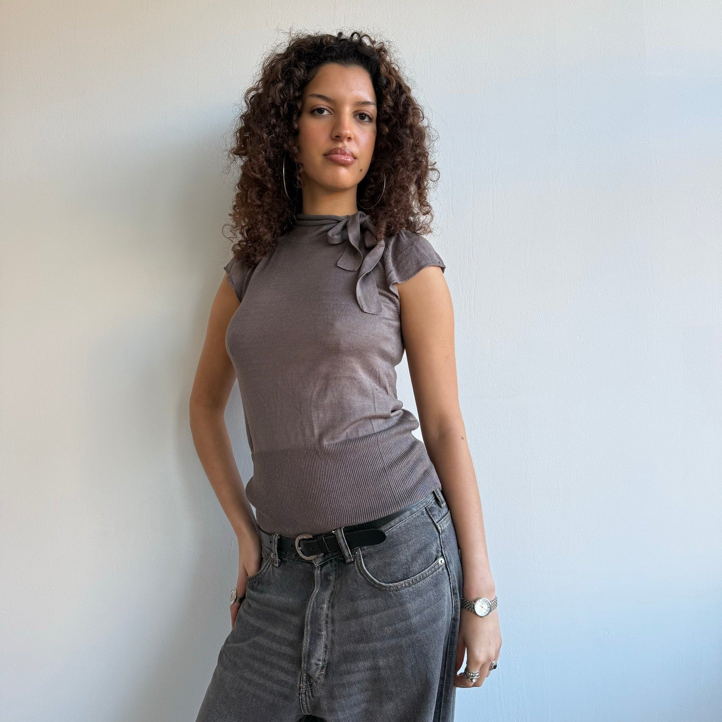 Taupe tie neck knit - Size S