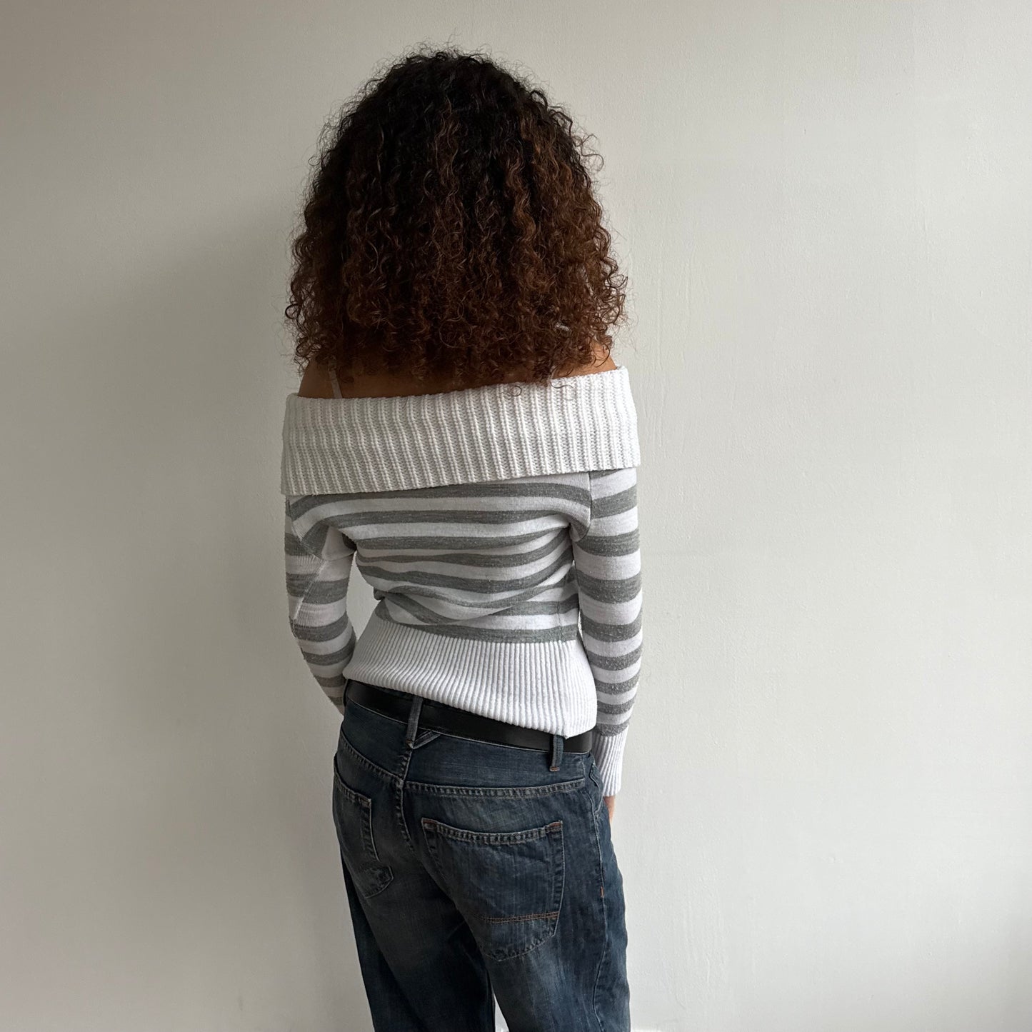 Grey + white striped Bardot knit - Size M