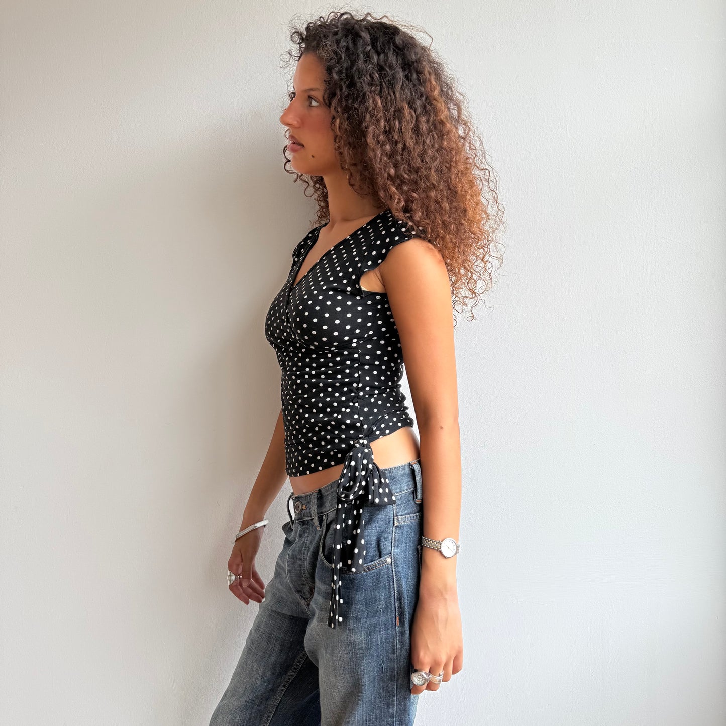 Polka dot tie side wrap top - Size S + M