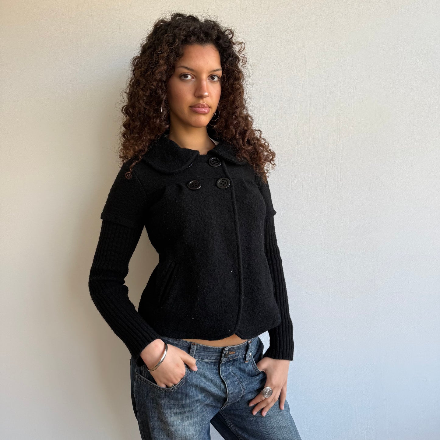 Black bi-material peacoat - Size S