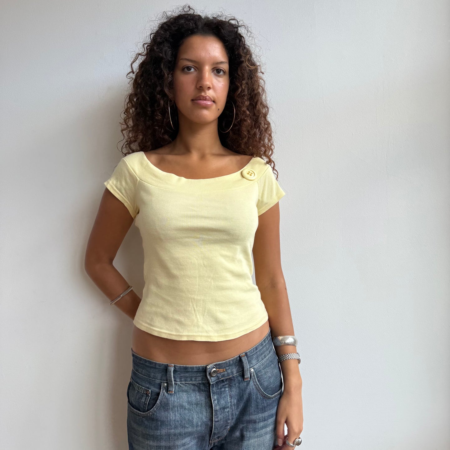 Yellow Bardot button top - Size S