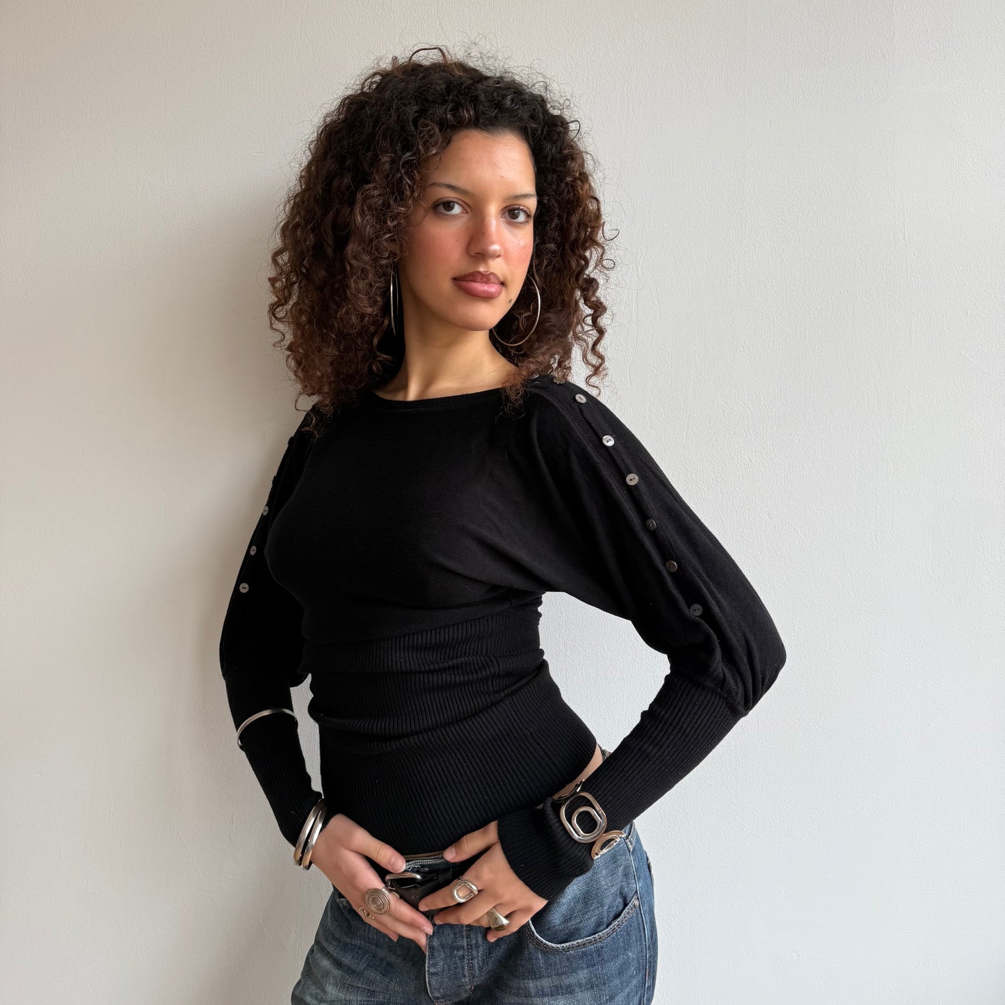 Black slouchy button arm knit - Size S