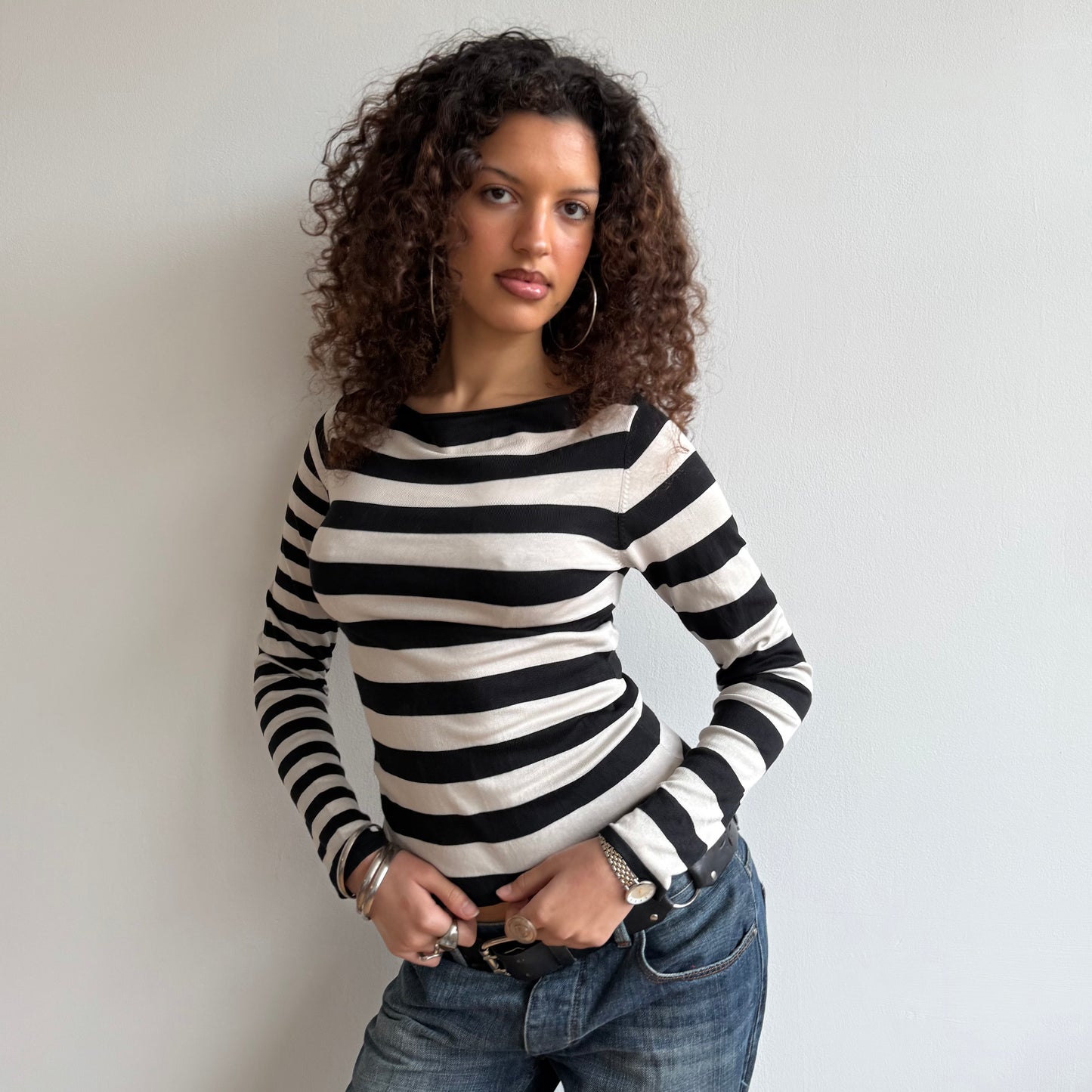 Black + white dual stripe top - Size S