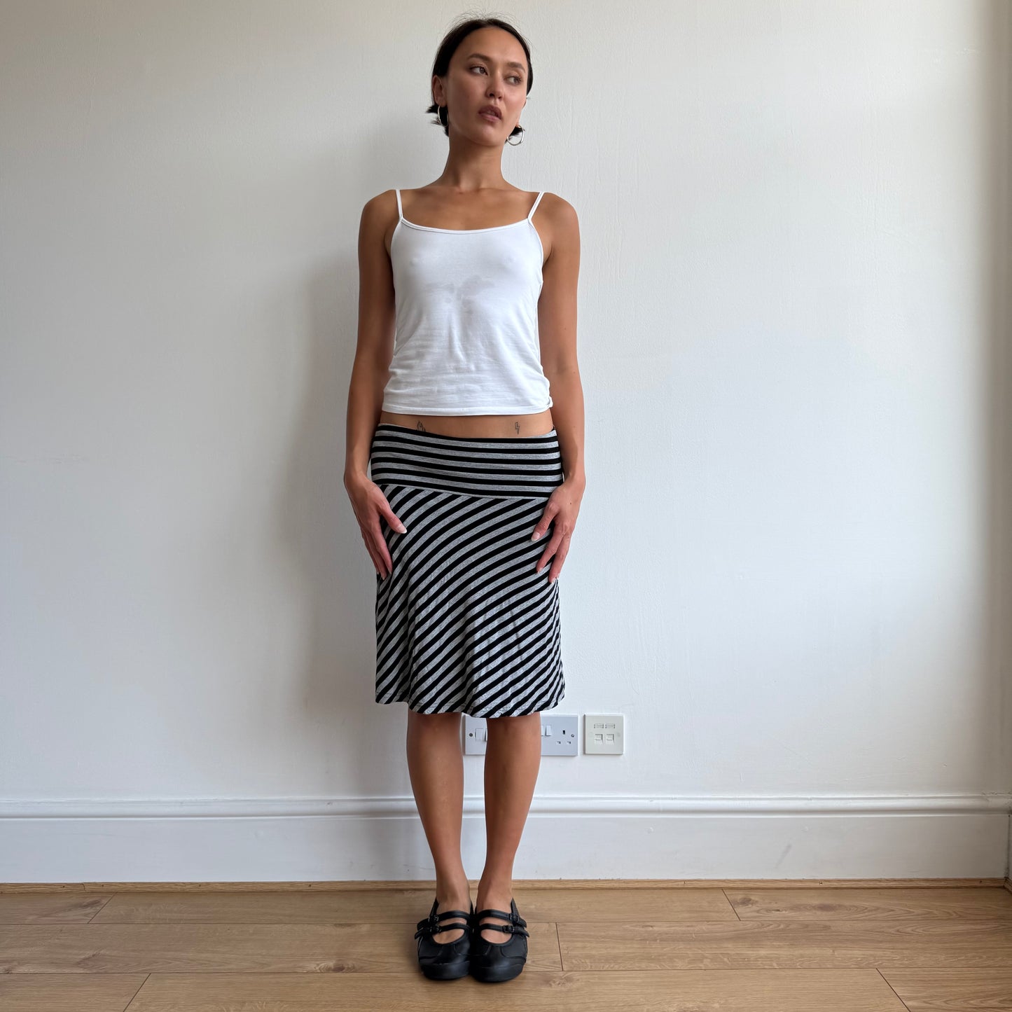 Black + grey striped midi skirt - Size S
