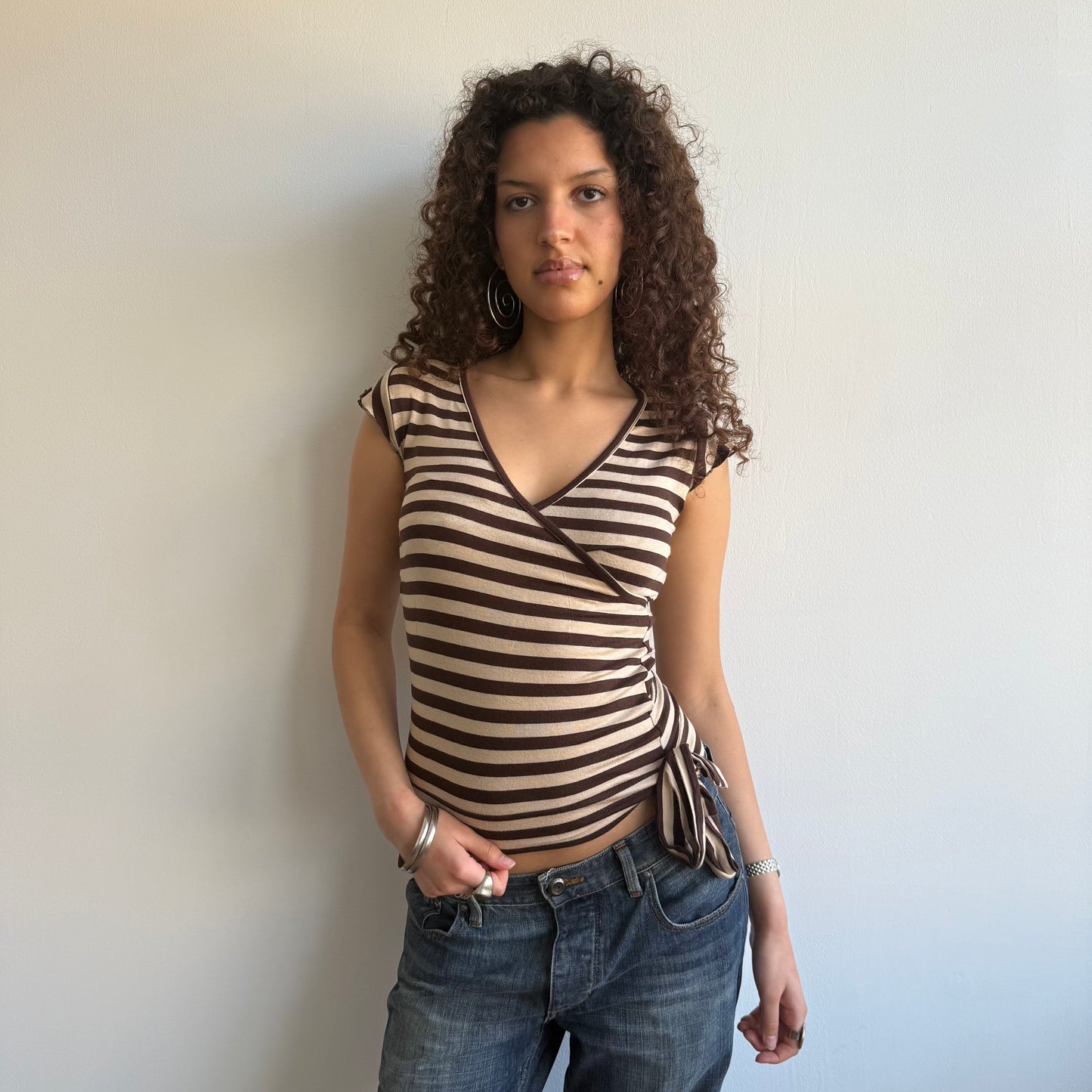 Beige + brown stripe top - Size S