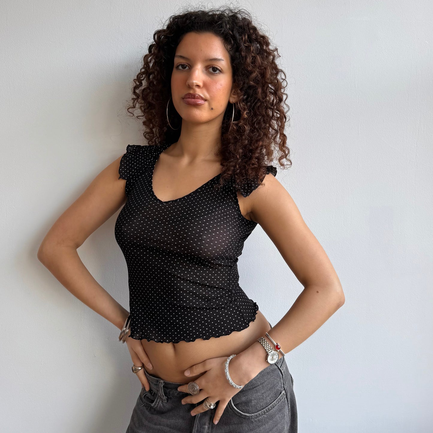 Black mesh polka dot top - Size XS