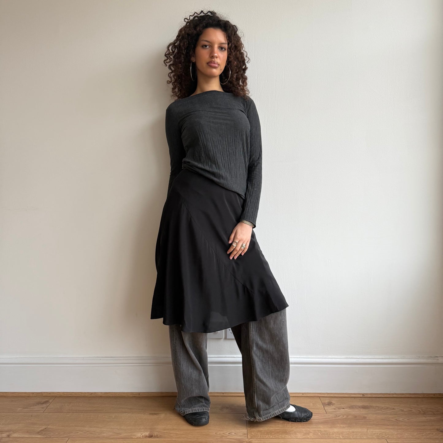 Black silk midi skirt - Size S
