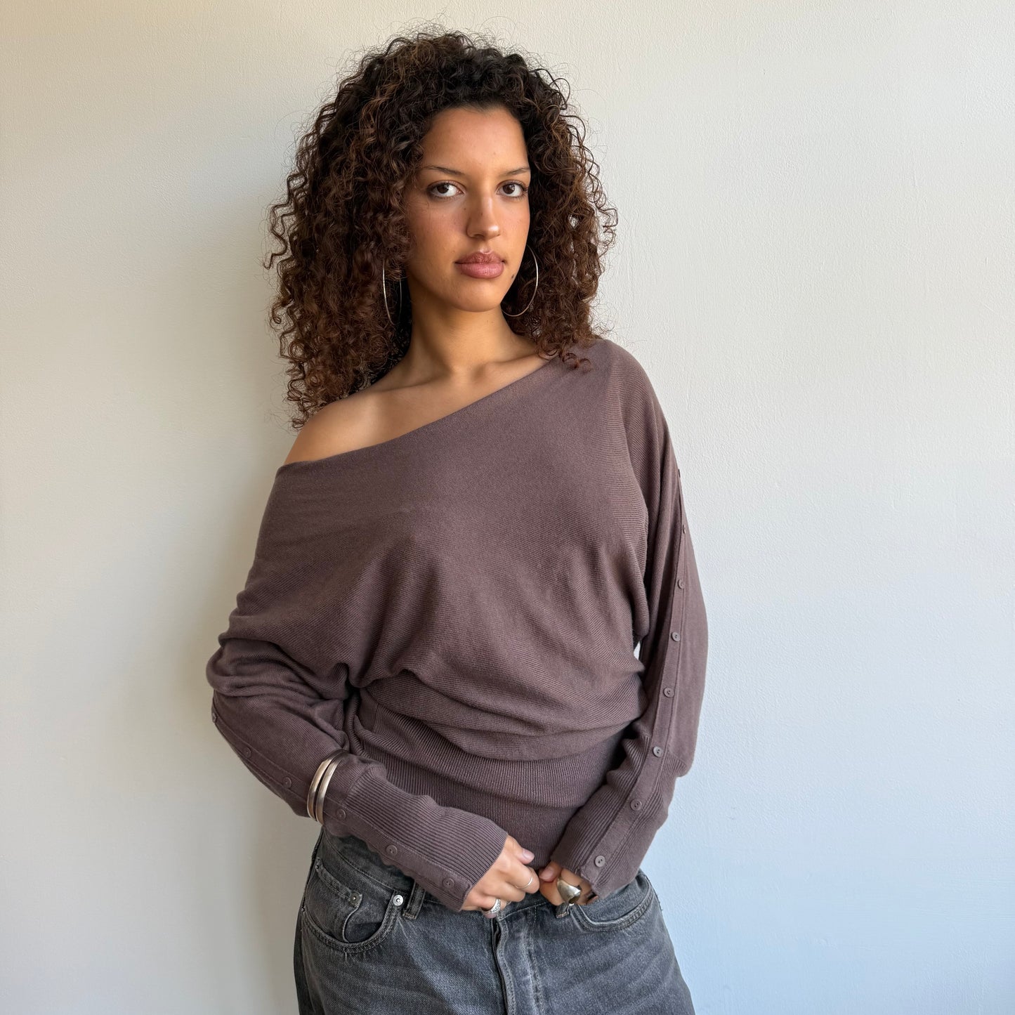 Brown slouchy button arm knit - Size S/M