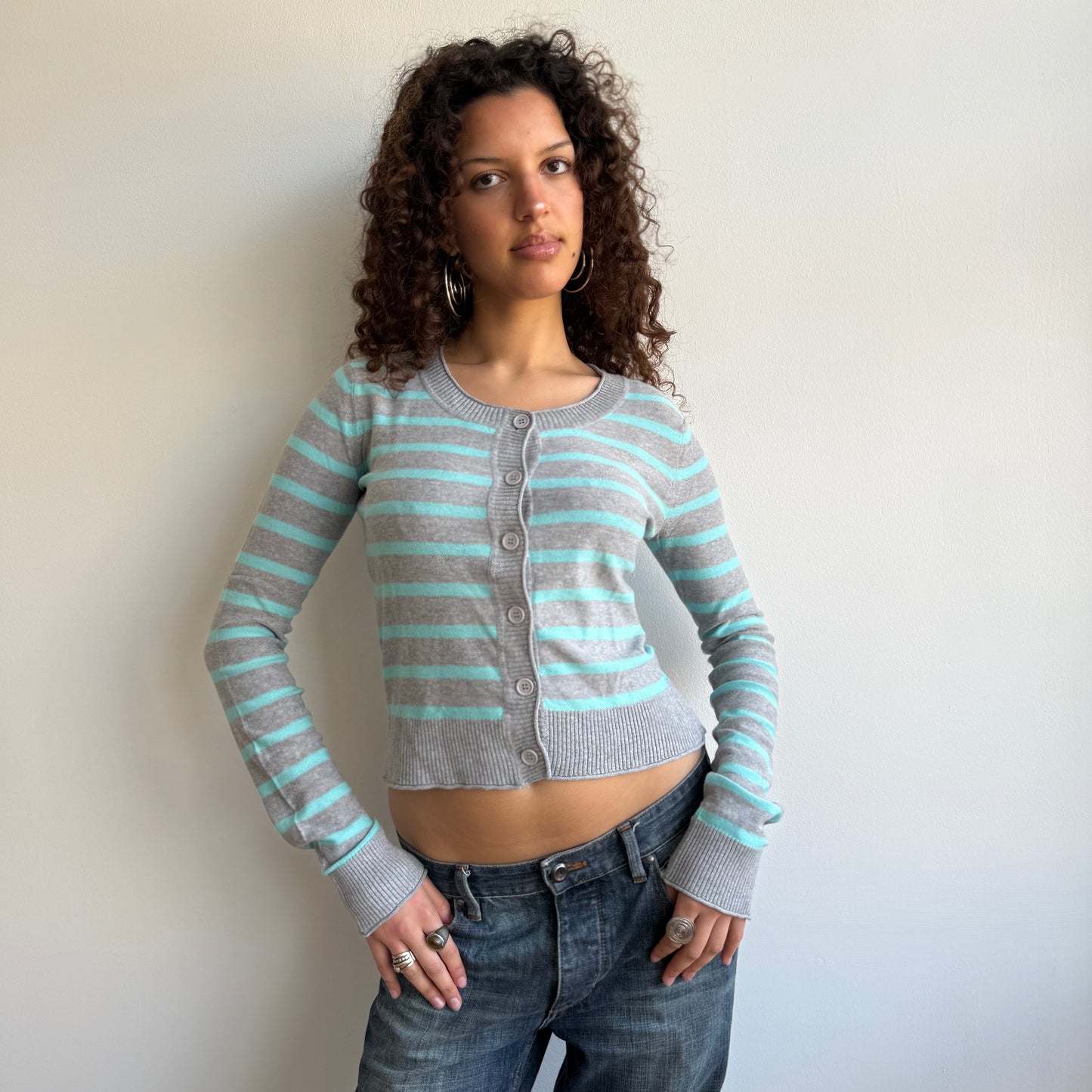 Turquoise + grey striped cardi- Size M