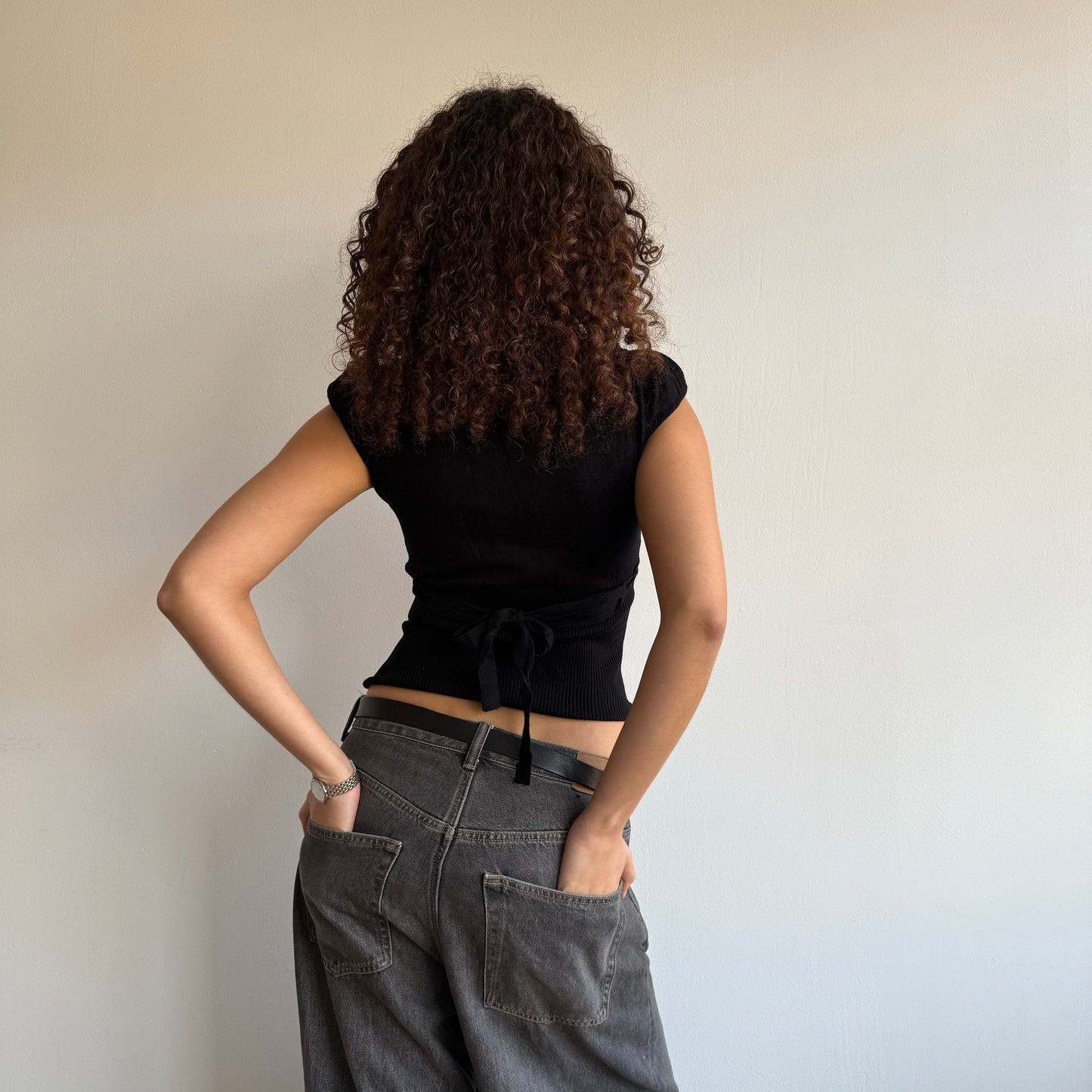 Black knit tie-back top - Size S