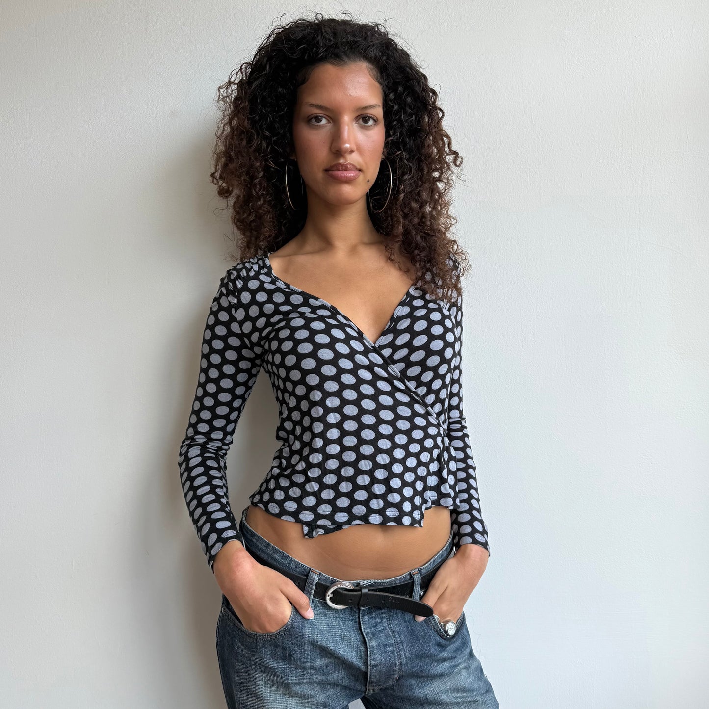 Black + grey polka dot wrap top - Size M