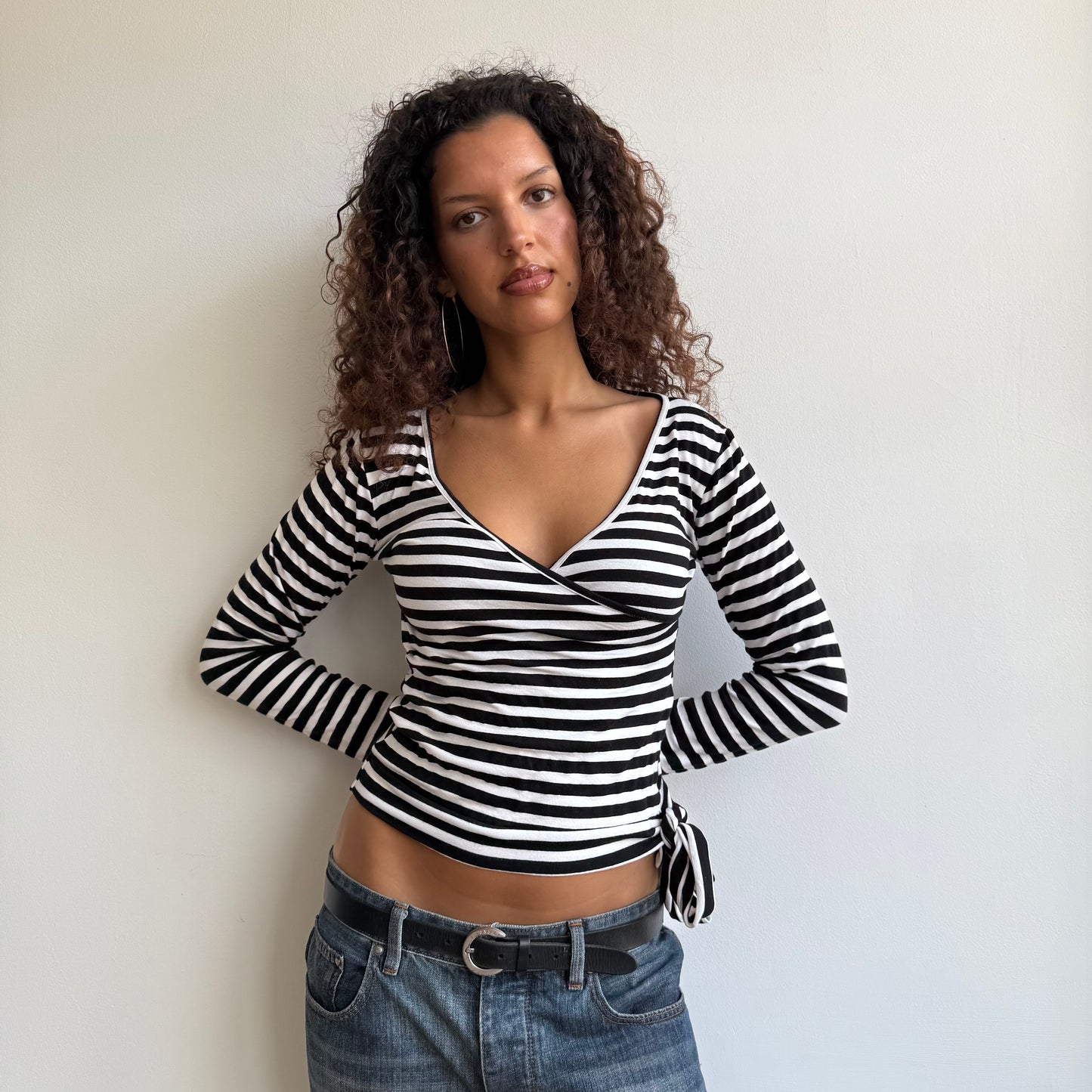 Black + white ballet wrap top - Size S/M