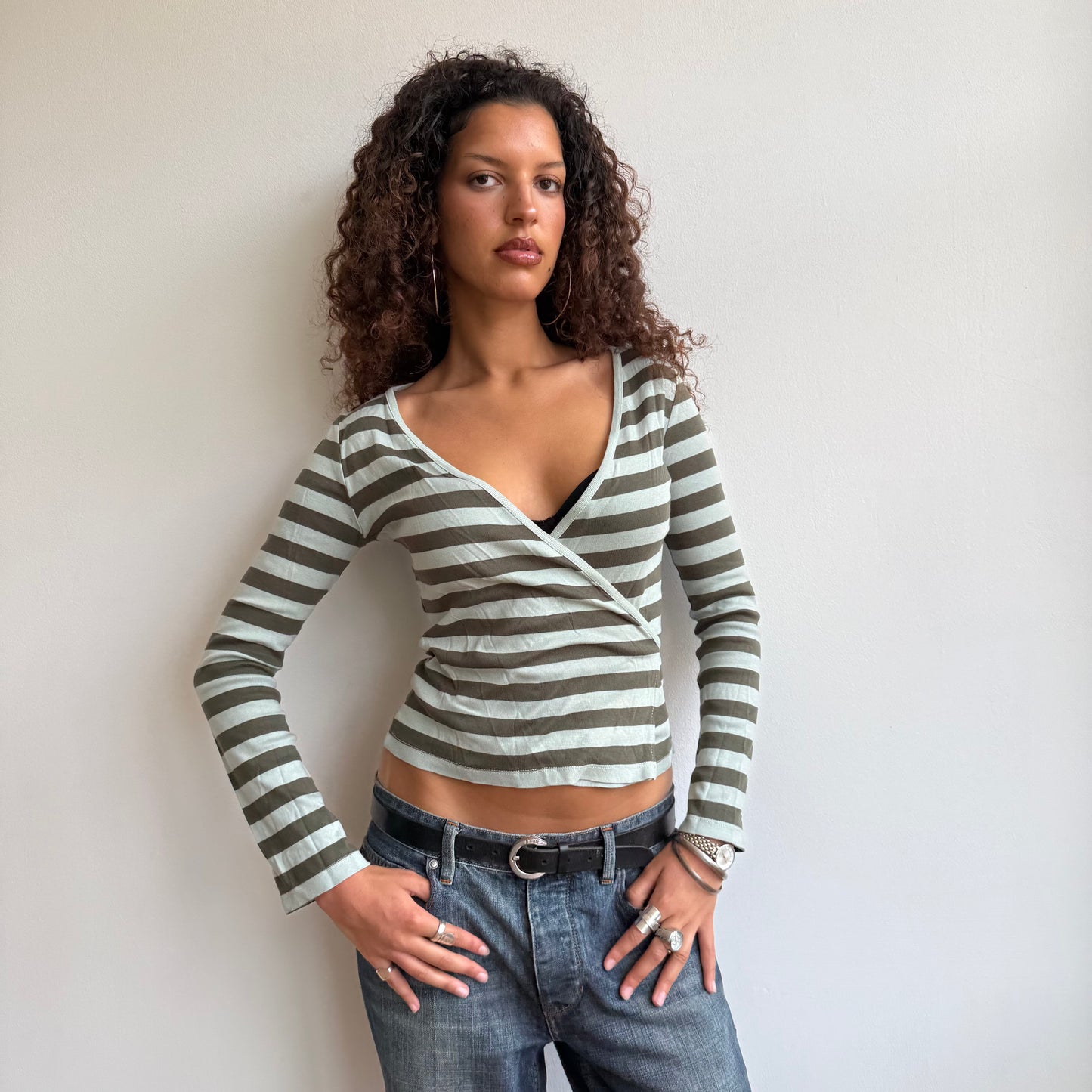 Green striped wrap tie-side top - Size S/M