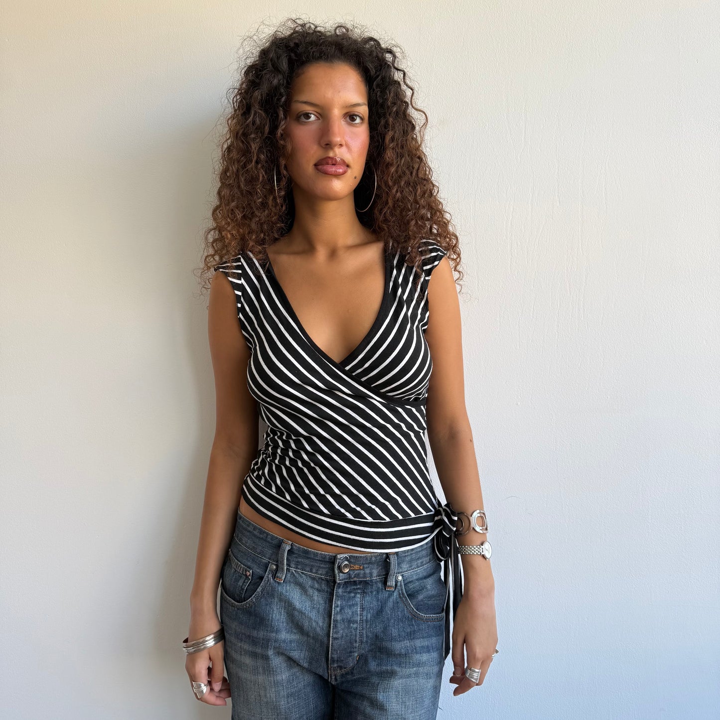 Black + white ballet wrap top - Size M