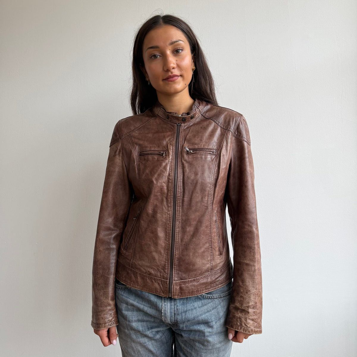 Brown leather motocross jacket - Size M