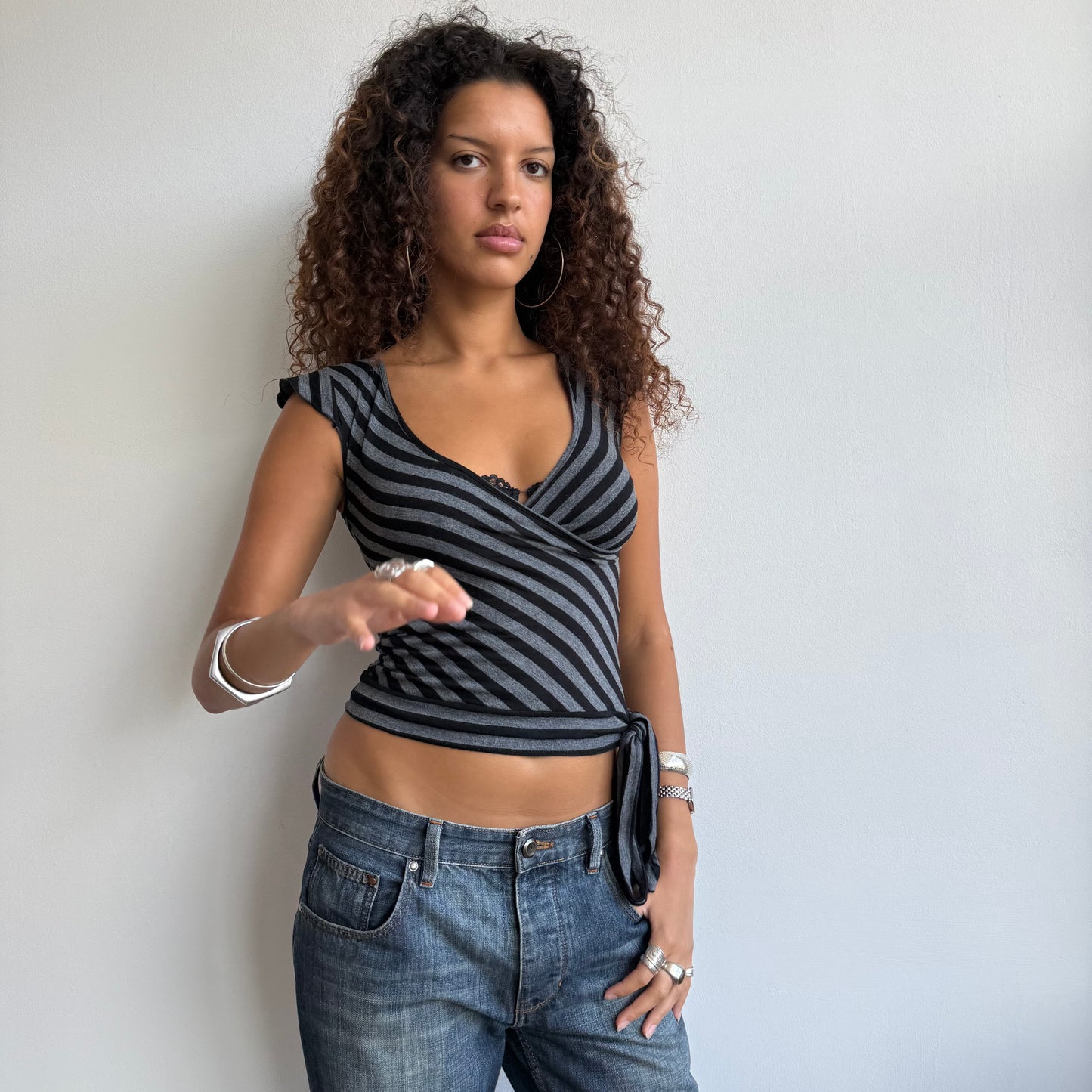 Black + grey stripe wrap top - Size S