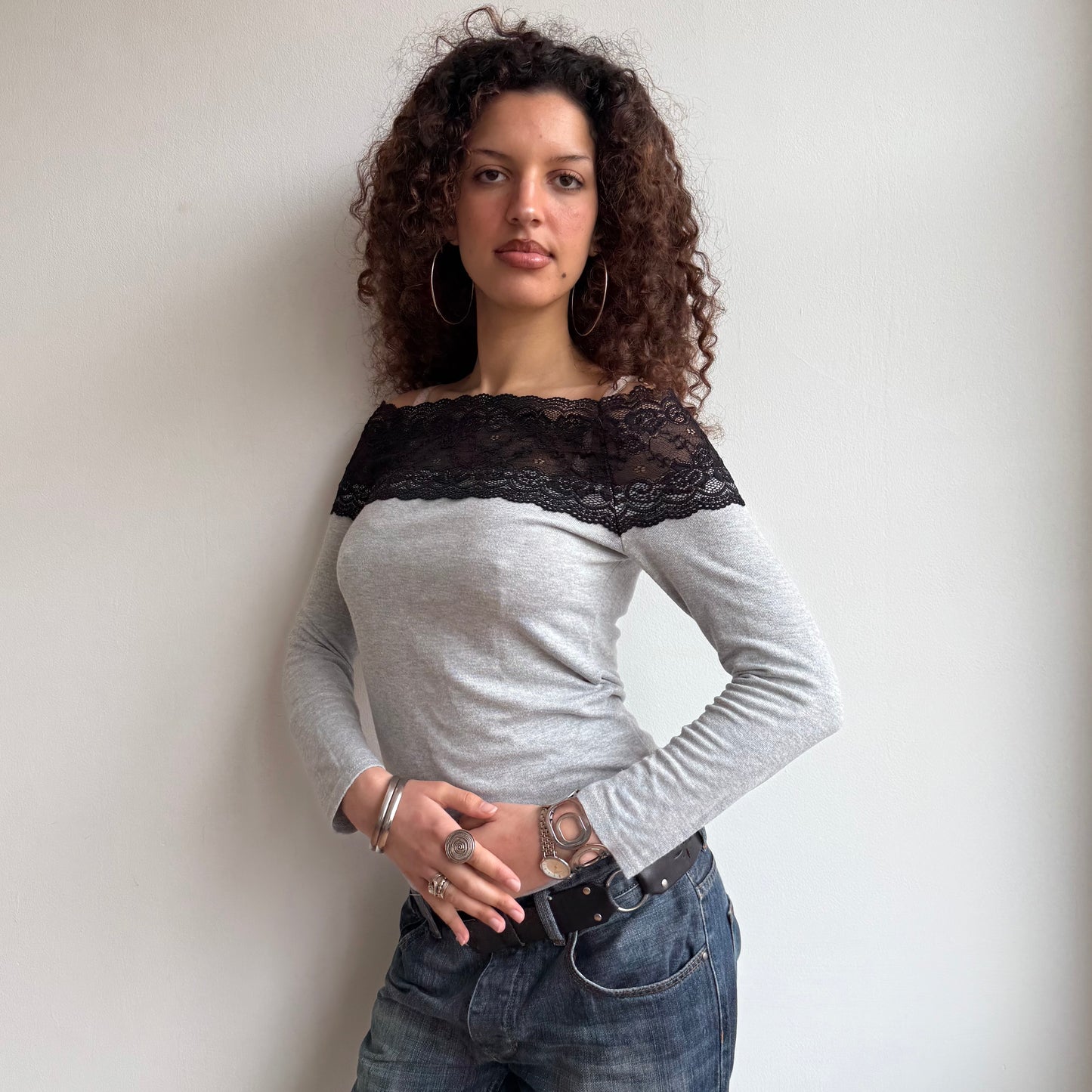 Grey Bardot lace knit top - Size S/M