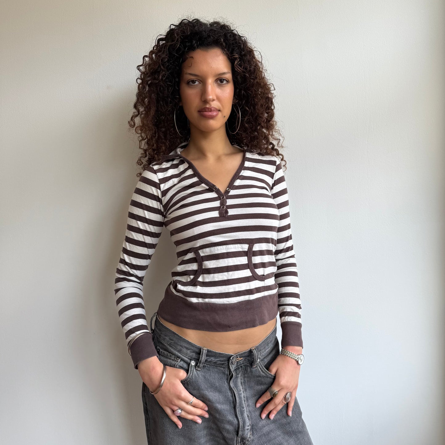 Brown + white striped hooded top - Size S