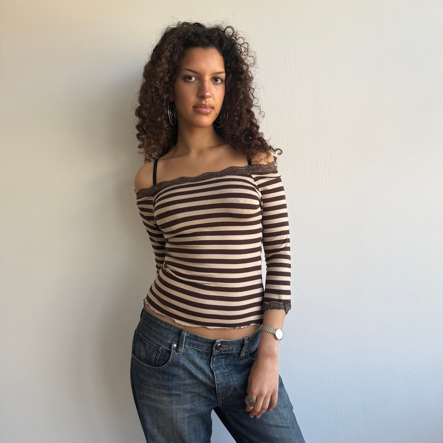 Beige striped Bardot top - Size S