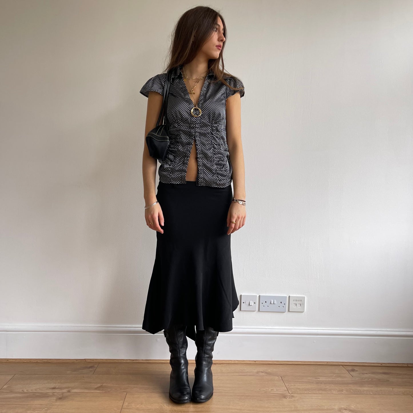 Black satin polka dot shirt - Size S