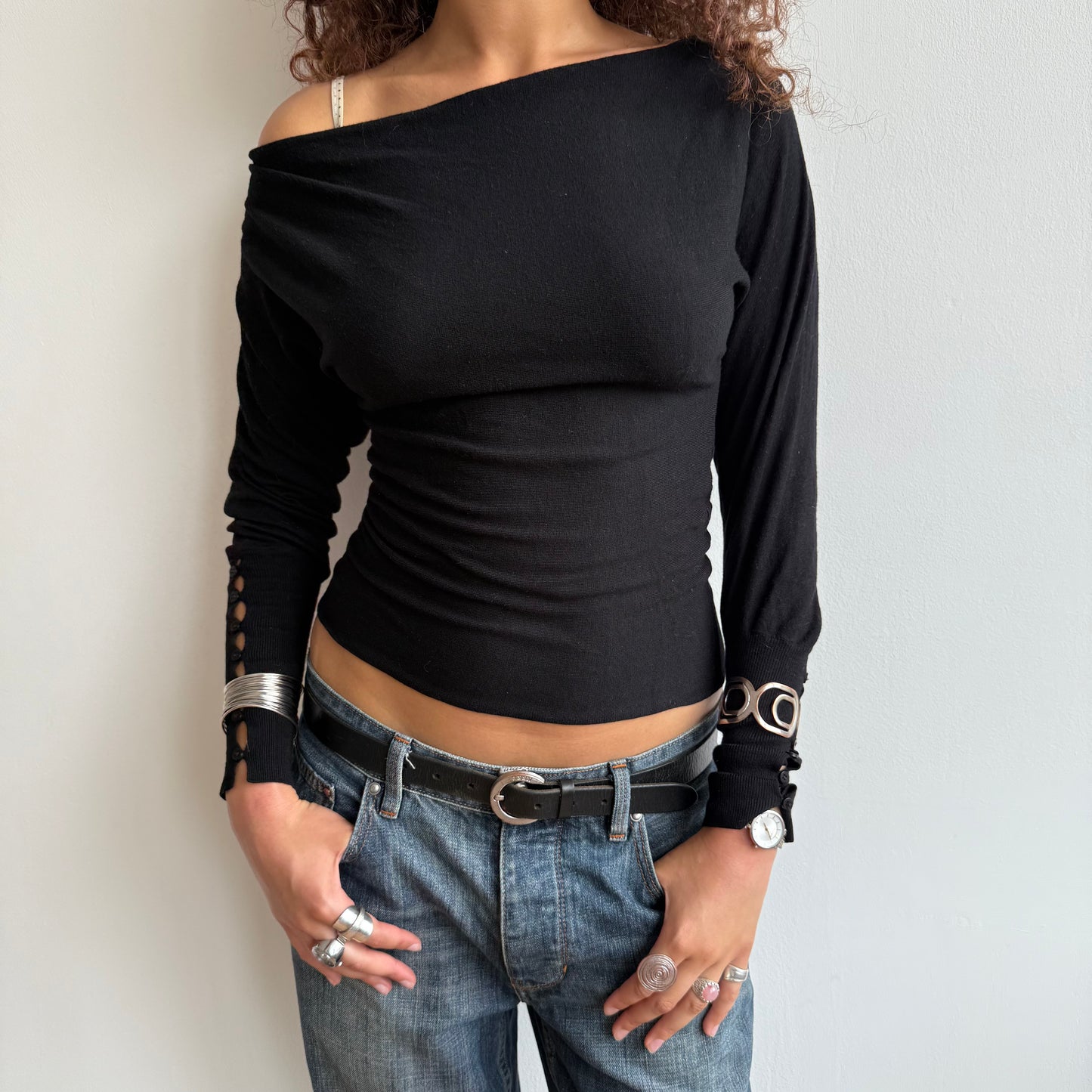 Black slouchy button jumper - Size S