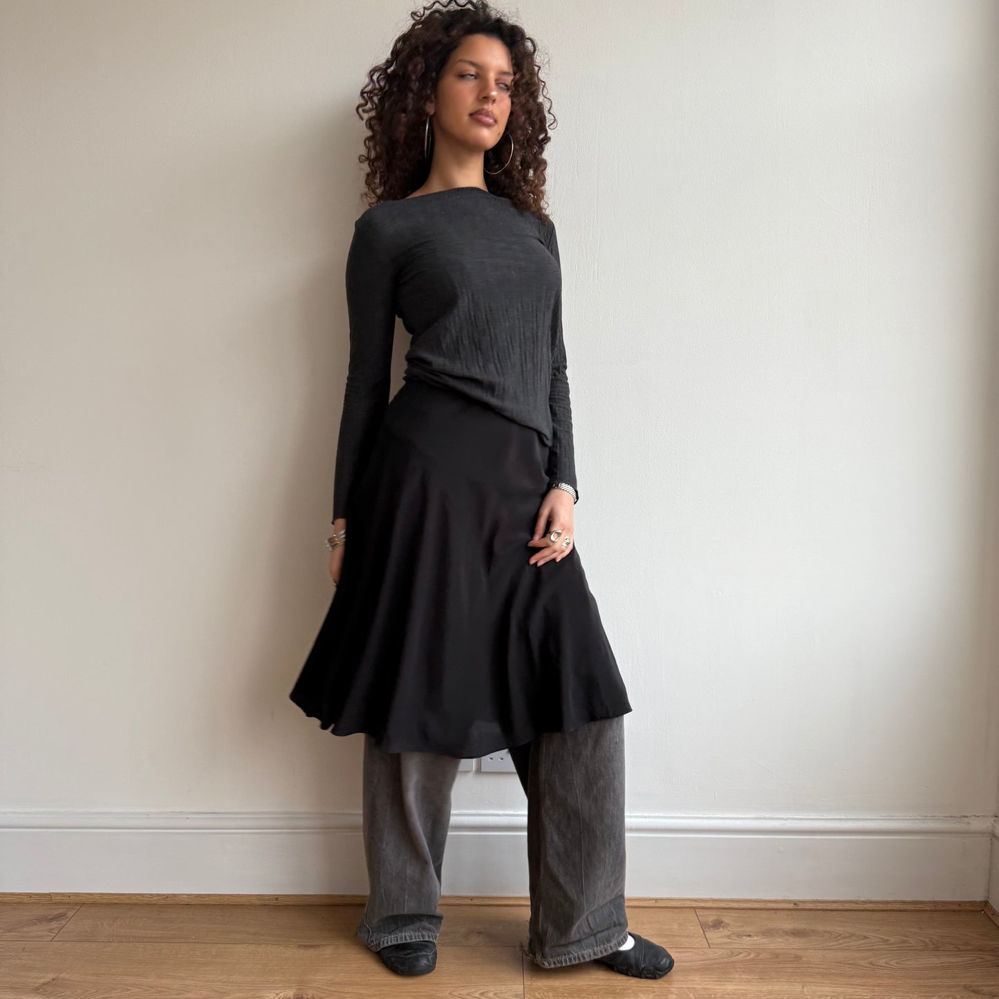 Black silk midi skirt - Size S