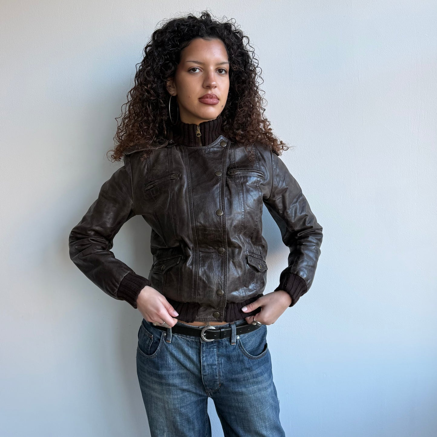 Brown leather fur hood jacket - Size M