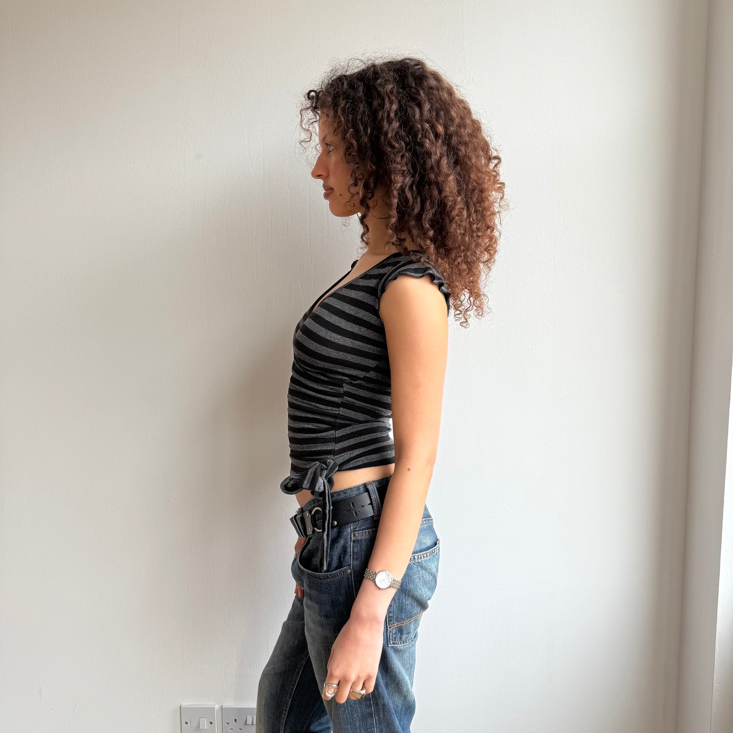 Black + grey wide stripe wrap top - Size S
