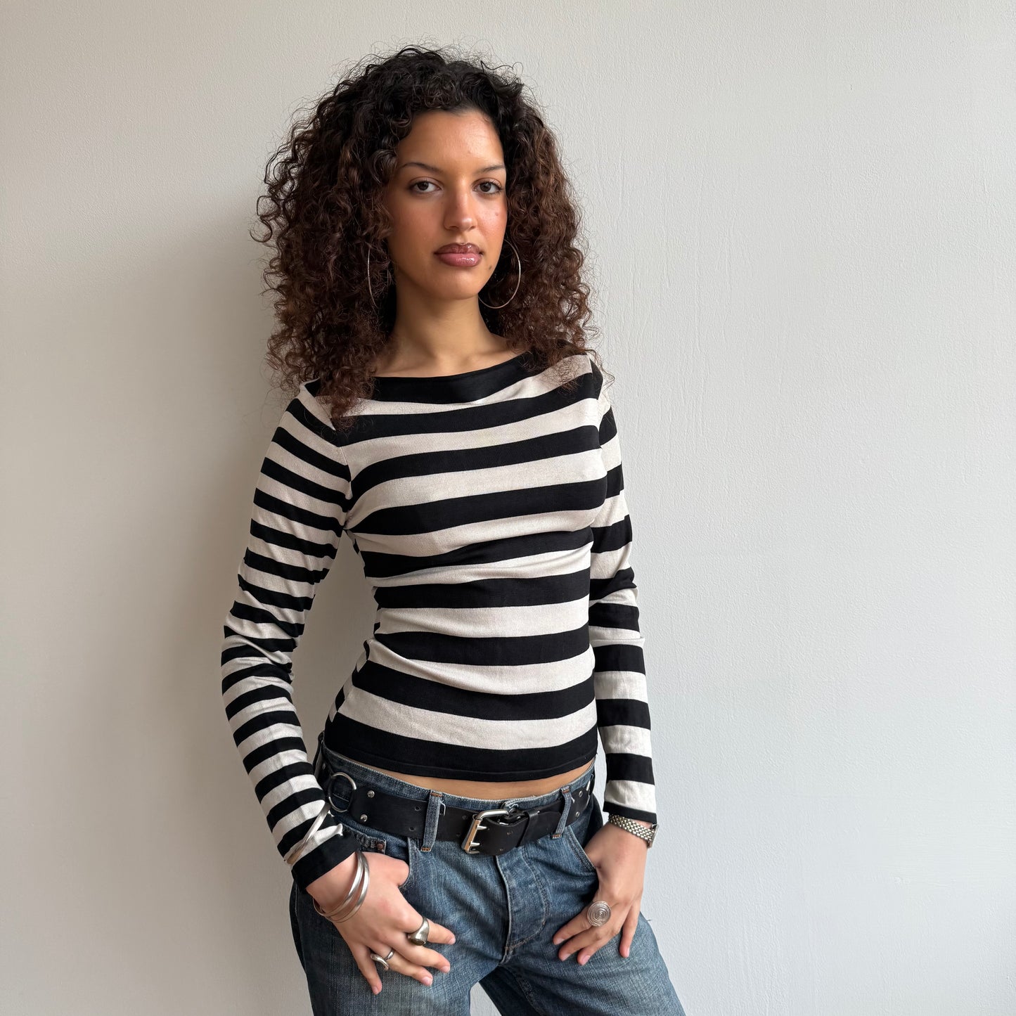 Black + white dual stripe top - Size S