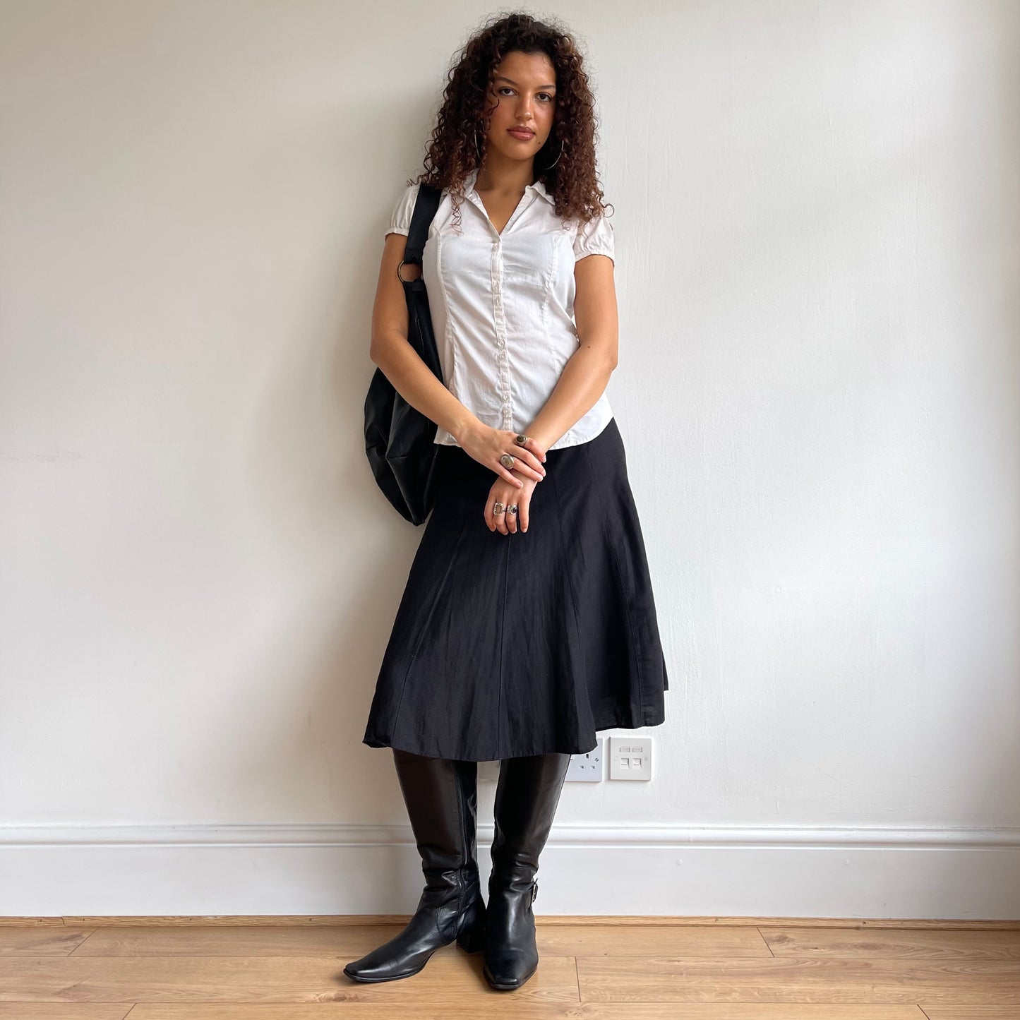 Black linen midi skirt - Size S