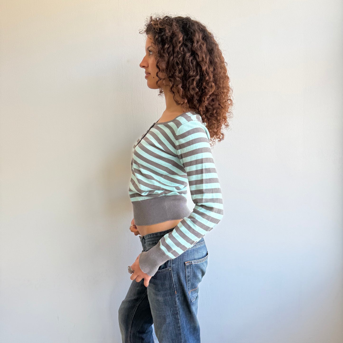 Turquoise + grey striped knit- Size S