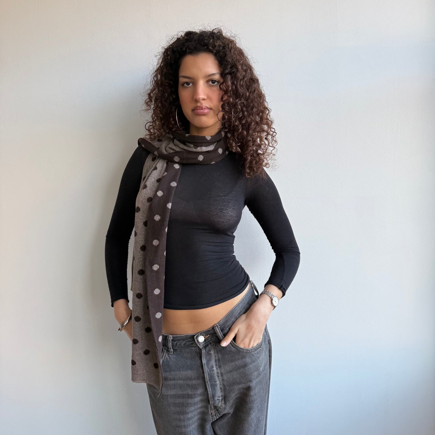 Brown polka dot reversible scarf
