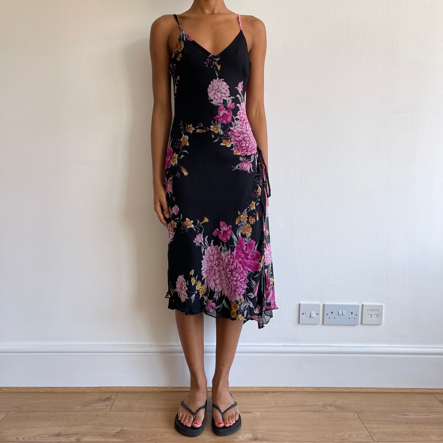 Black and purple floral midi dress - Size S