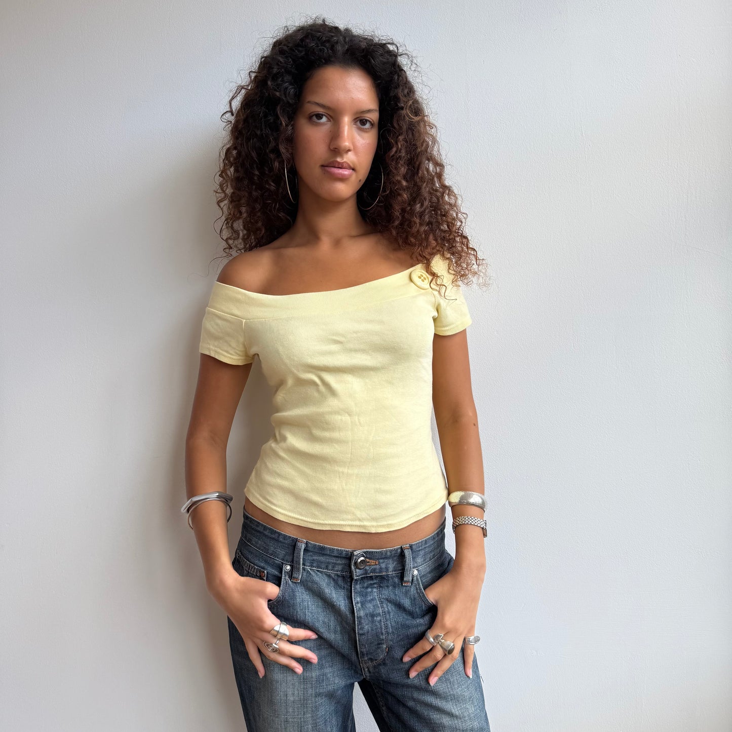 Yellow Bardot button top - Size S