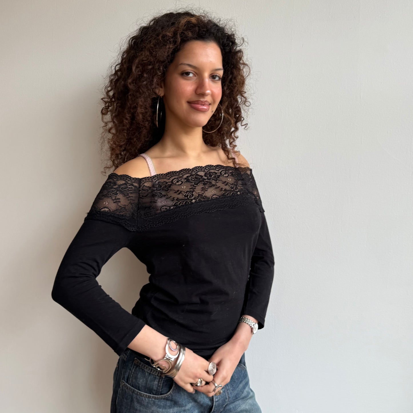 Black lace Bardot top - Size M