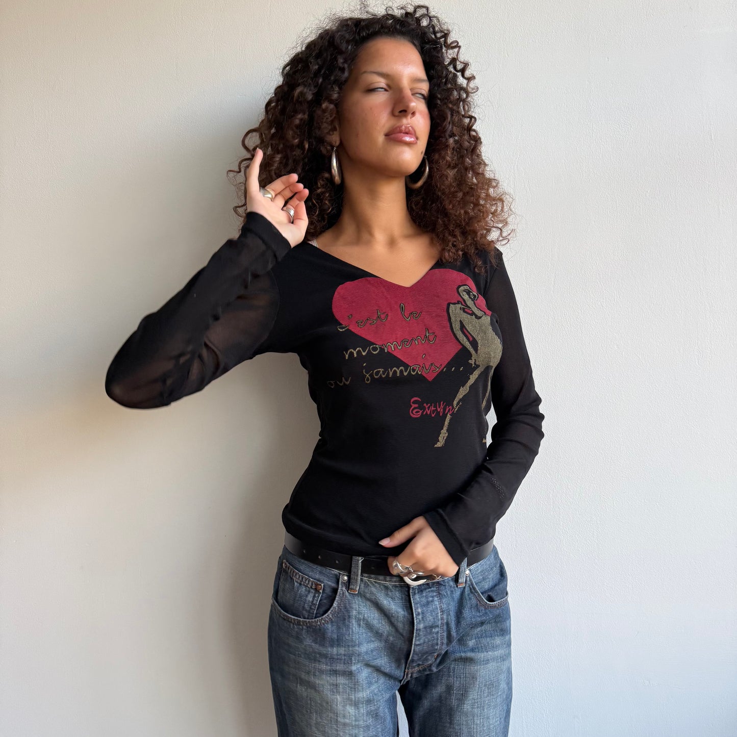 Black graphic mesh long sleeve top - Size S/M