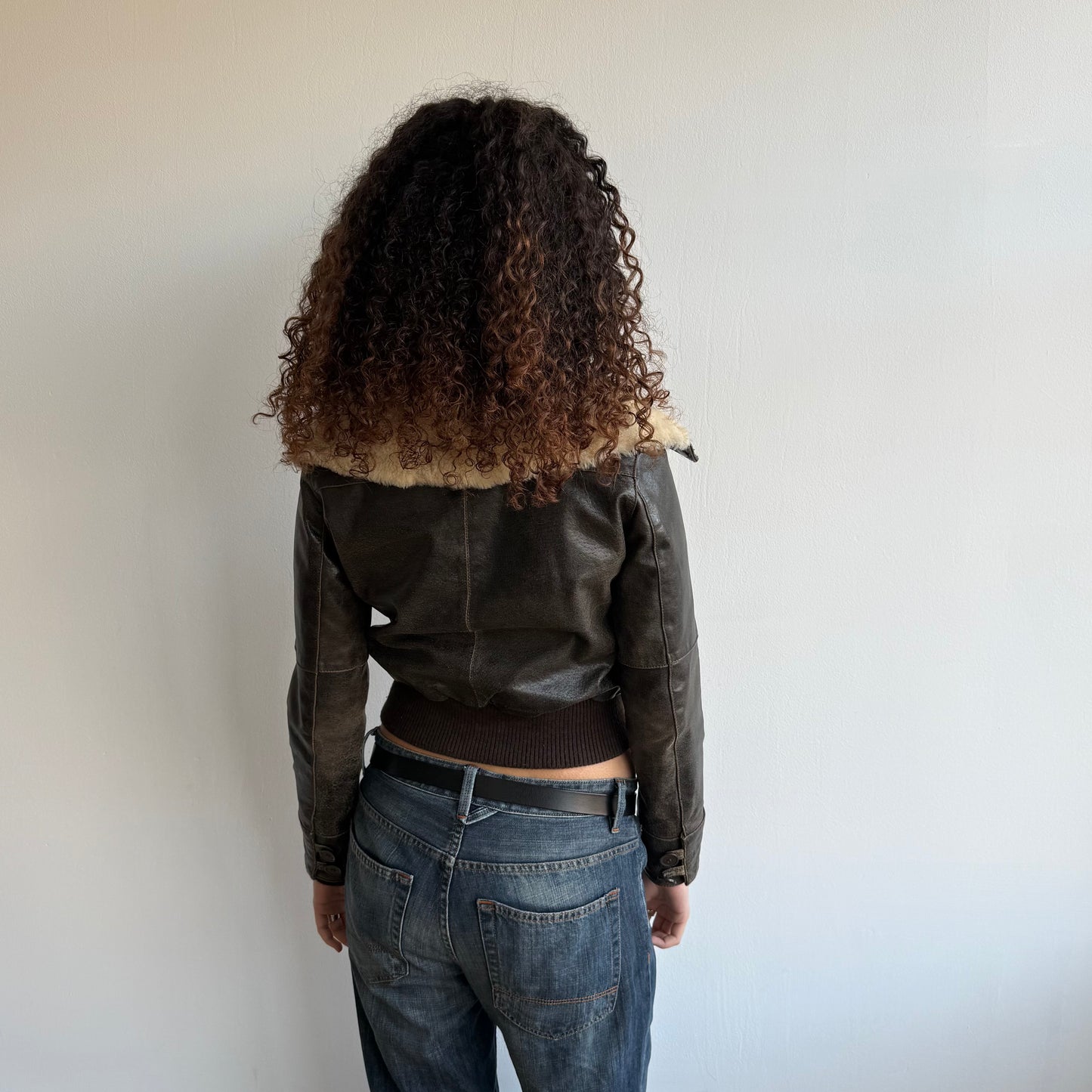 Brown leather fur collar aviator bomber - Size XS