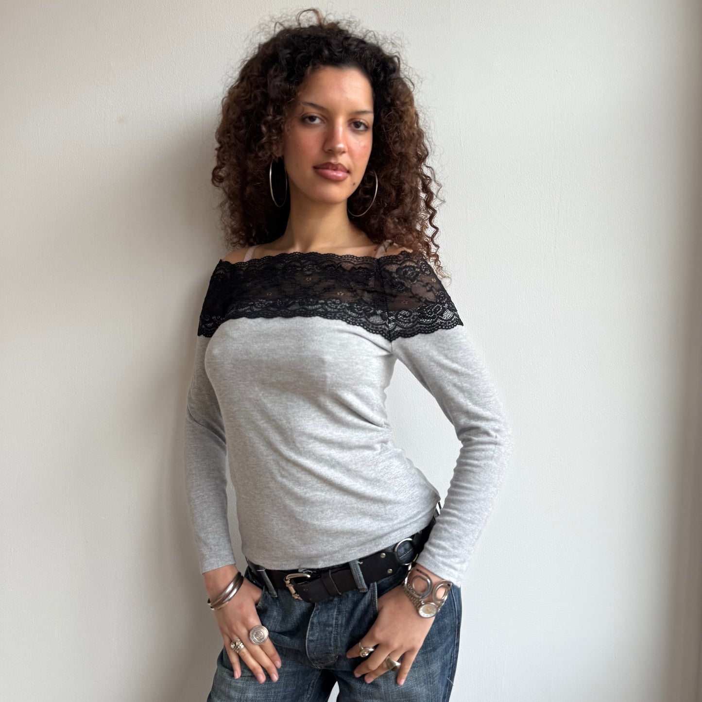 Grey Bardot lace knit top - Size S/M