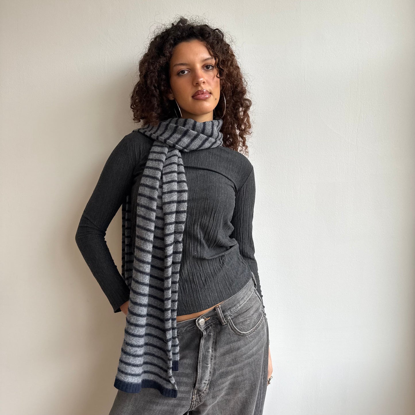 Grey and navy stripe scarf