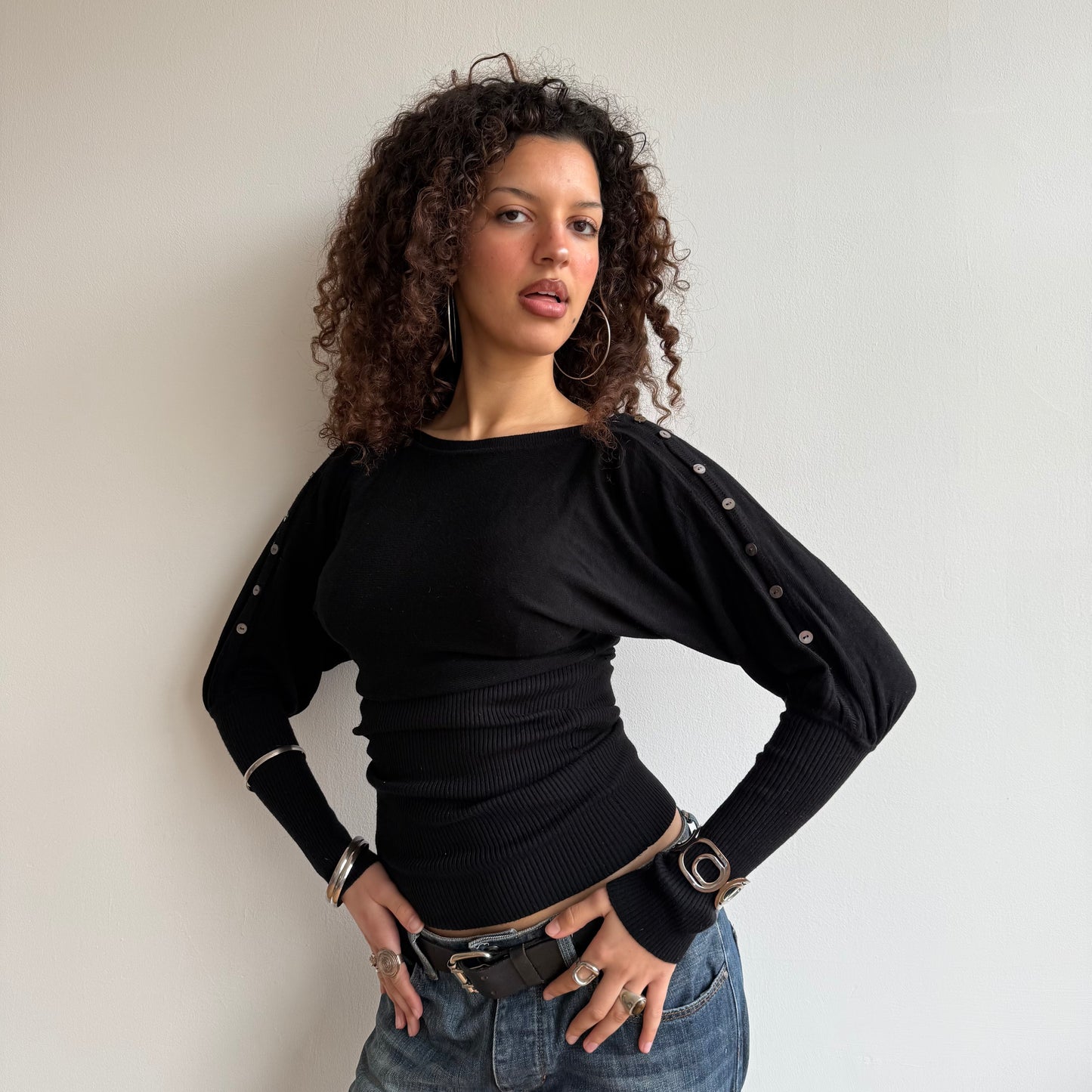 Black slouchy button arm knit - Size S