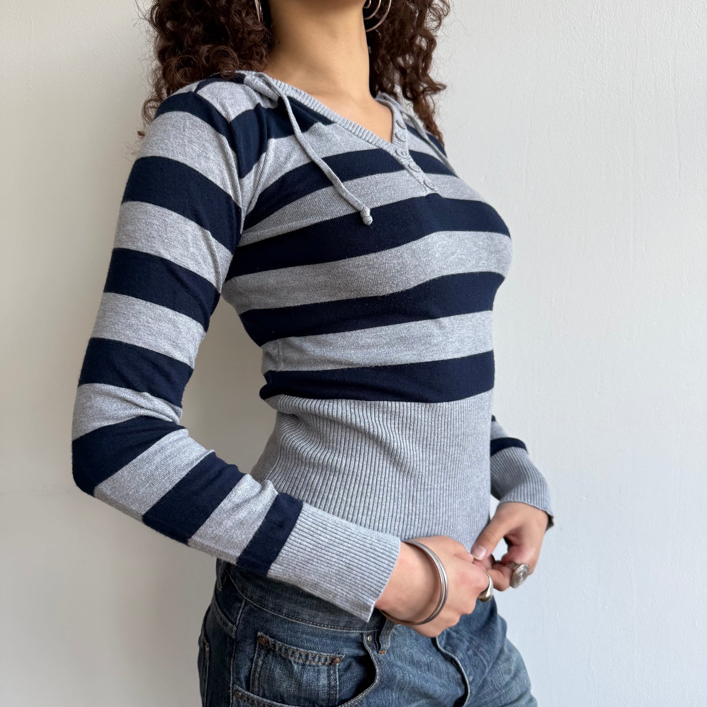 Navy and grey striped hoodie - Size S