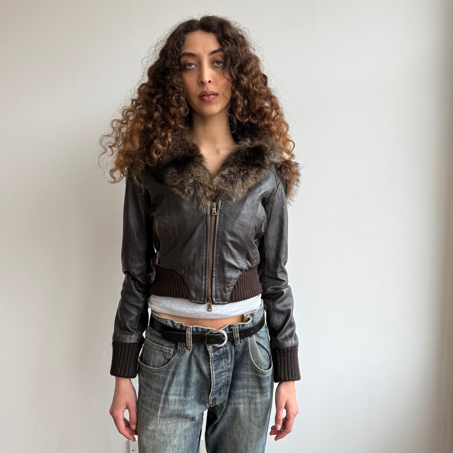 Brown leather fur hood bomber - Size S