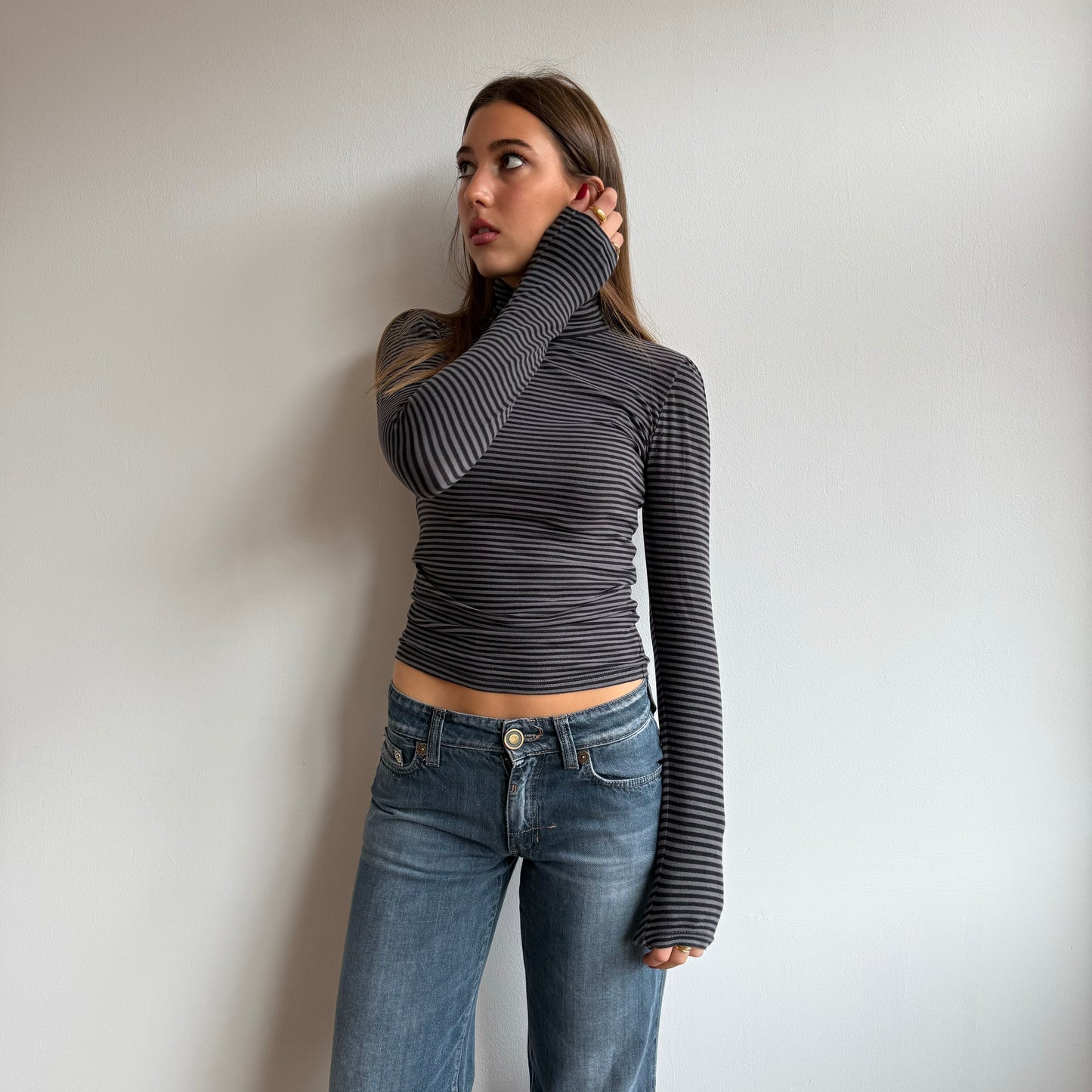 Grey and black stripe roll neck - Size S