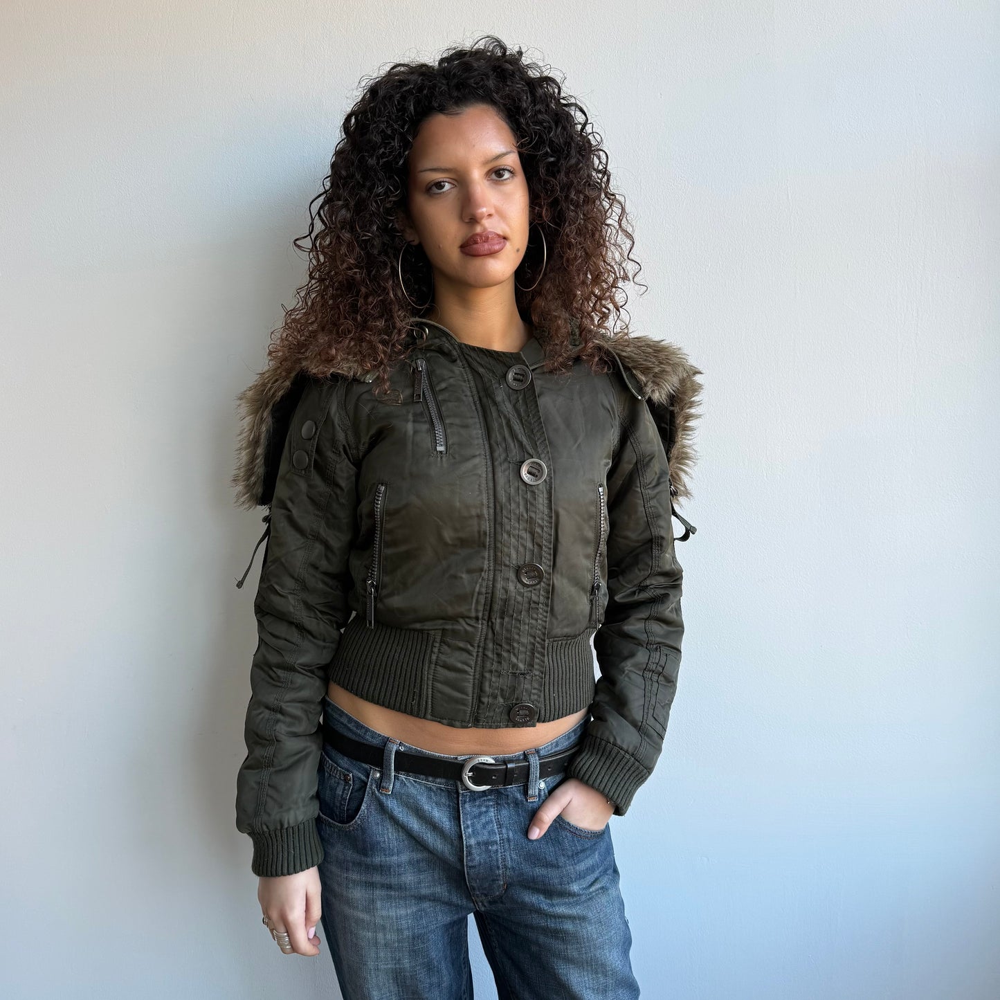 Khaki faux fur hood bomber - Size S