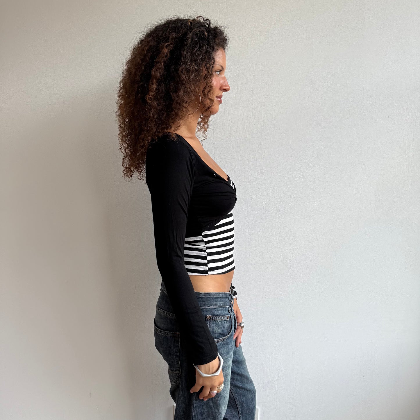 Black and white long sleeve wrap top - S