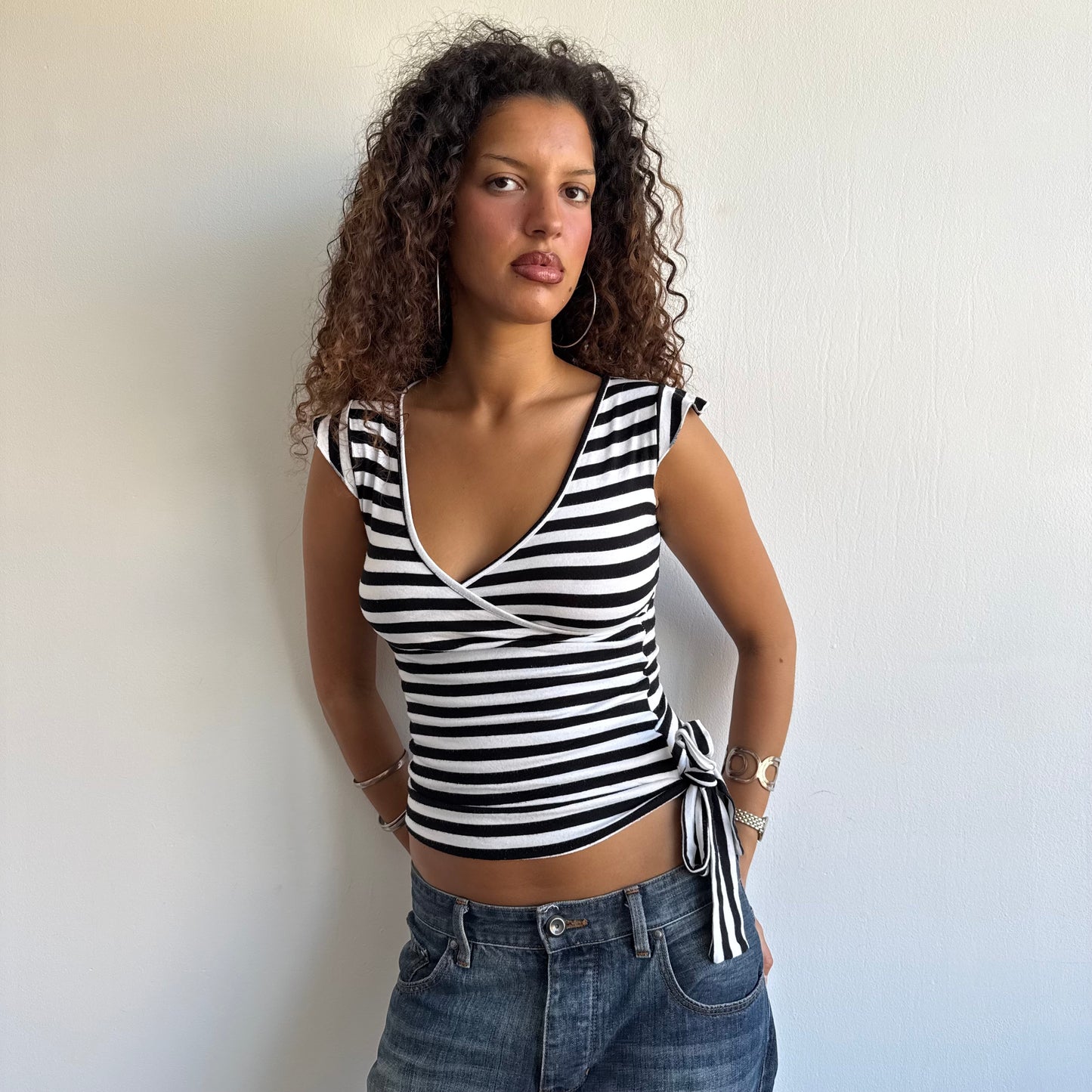 Black and white striped wrap top - Size XS/S