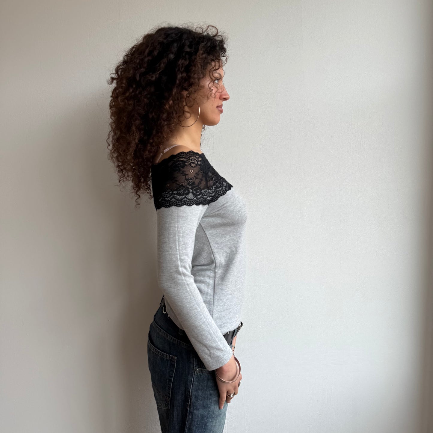 Grey Bardot lace knit top - Size S/M