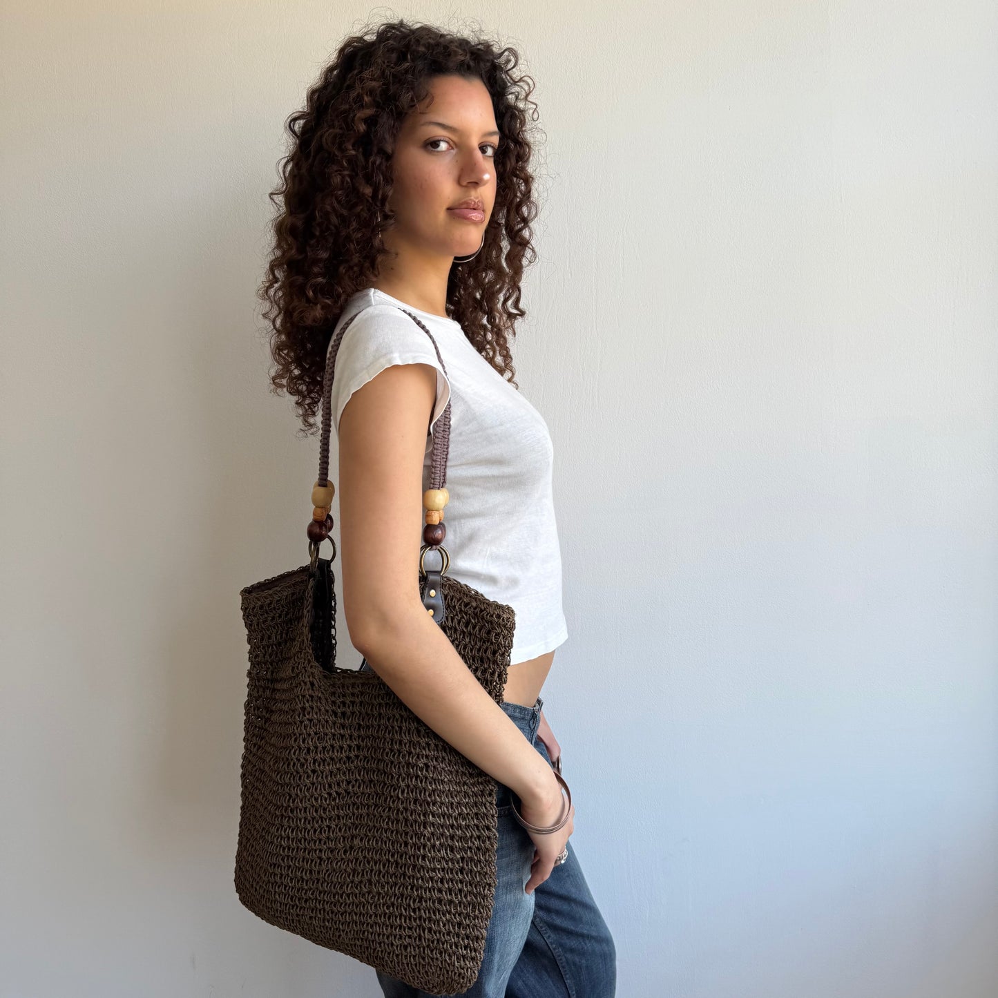 Khaki woven beaded bag